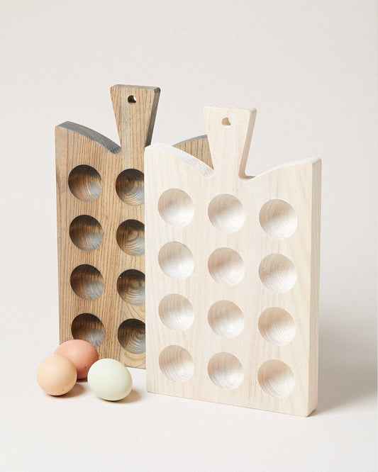 studio image of crafted wooden egg board - dozen in grey and white, araucana
