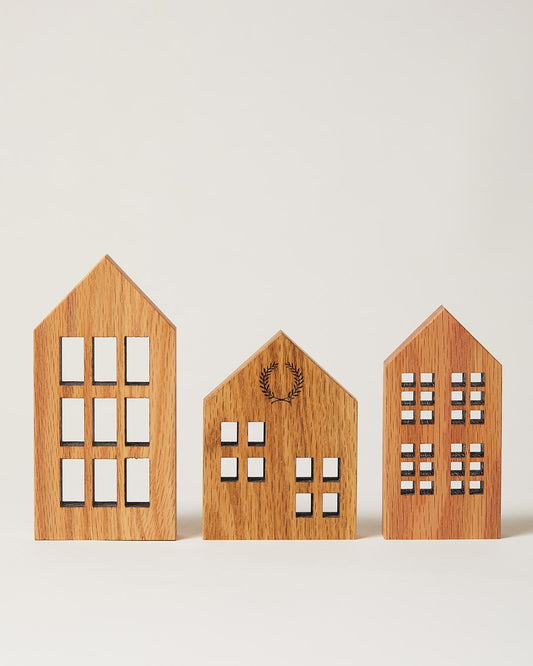 Crafted Wooden Houses in Oak full set of 3 including Cape, Townhome, and Chalet styles.