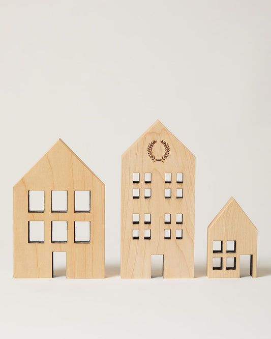 Crafted Wooden Houses in maple set of 3 farmhouse, barn, and cottage